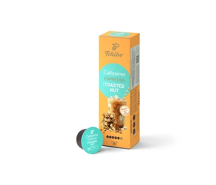 Orangefarbene Tchibo Cafissimo Flavoured Espresso - Toasted Nut - 10 Kapseln Packung mit Eiskaffee-Abbildung und eine einzelne Kapsel.