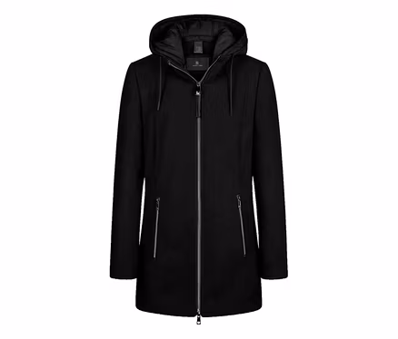Schwarze Barbara Lebek Wolljacke mit Kapuze, durchgehendem Reißverschluss und zwei Reißverschlusstaschen.