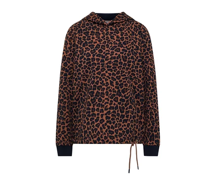 Braunes CECIL Sweatshirt mit schwarzem Leopardenmuster, Kapuze und Kordelzug am Saum.