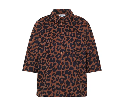 CECIL Hemdbluse mit braunem und schwarzem Leopardenmuster, Kragen, Knopfleiste und Dreiviertelärmeln.