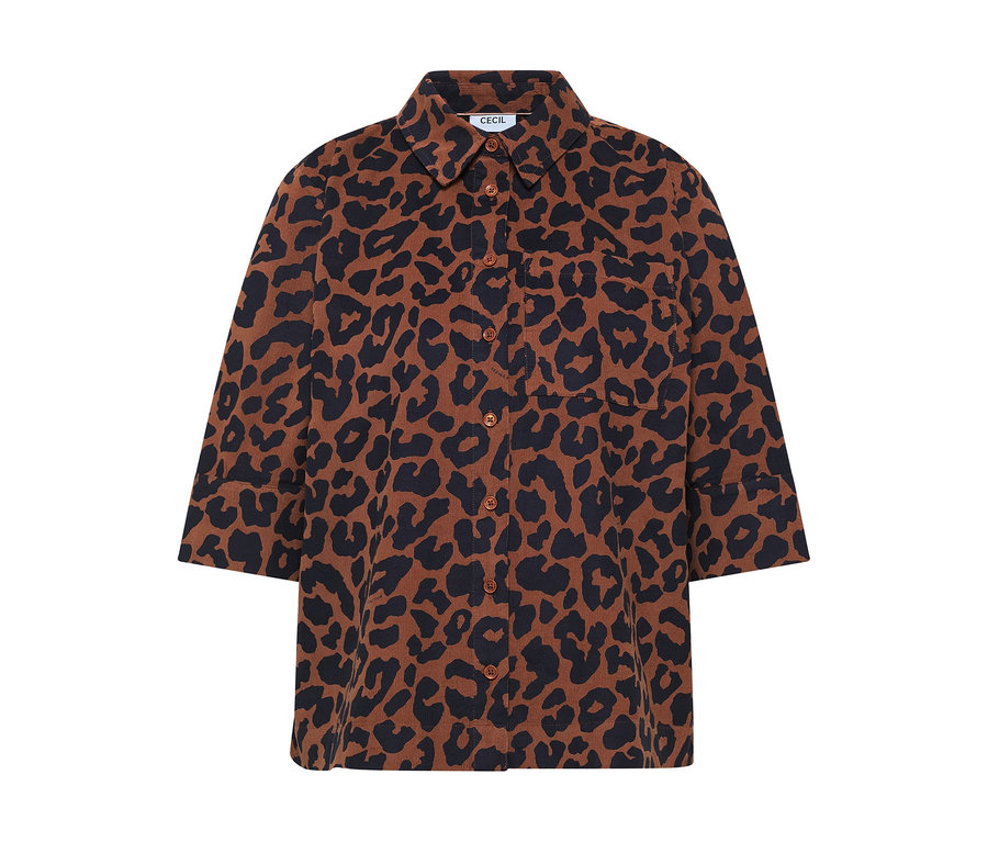 CECIL Hemdbluse mit braunem und schwarzem Leopardenmuster, Kragen, Knopfleiste und Dreiviertelärmeln.