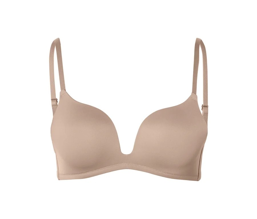 Beiger Push-up-BH mit tiefem V-Ausschnitt und verstellbaren Trägern.