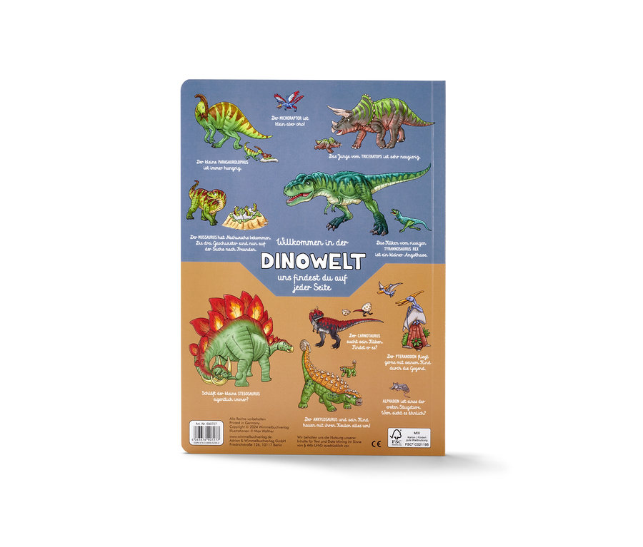Rückseite des Buches »Dinosaurier Wimmelbuch« mit Illustrationen verschiedener Dinosaurier und Beschriftungen auf Deutsch.