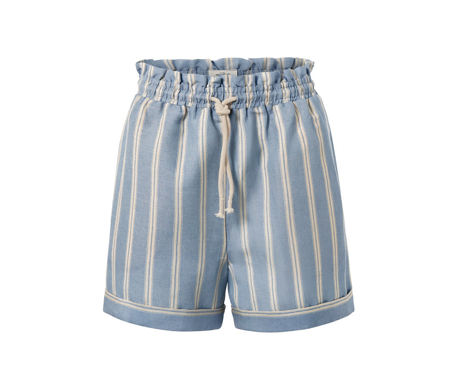 Eine rauchblaue Shorts aus Leinenmix mit Streifen und Kordelzug.