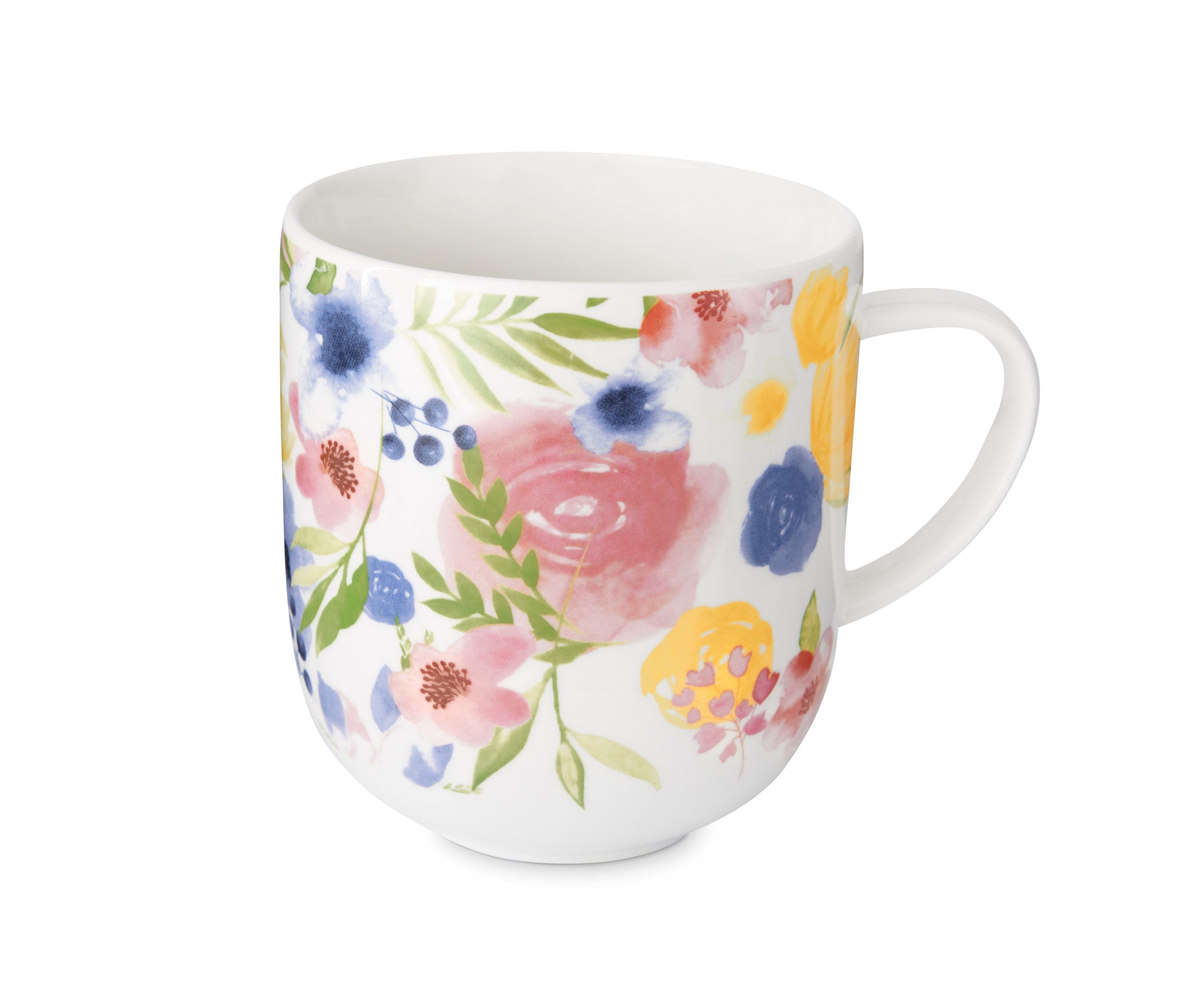 Weißer Jumbobecher mit Blumenmuster.