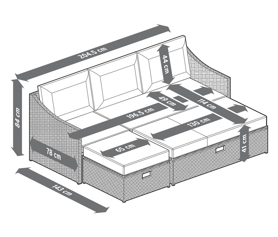 Illustration eines Lounge-Schlafsofas »Thore« mit Ausziehfunktion und Maßangaben.