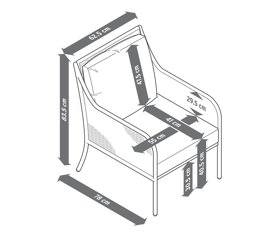 Abbildung eines Loungesessels mit Polyrattangeflecht und Maßangaben.