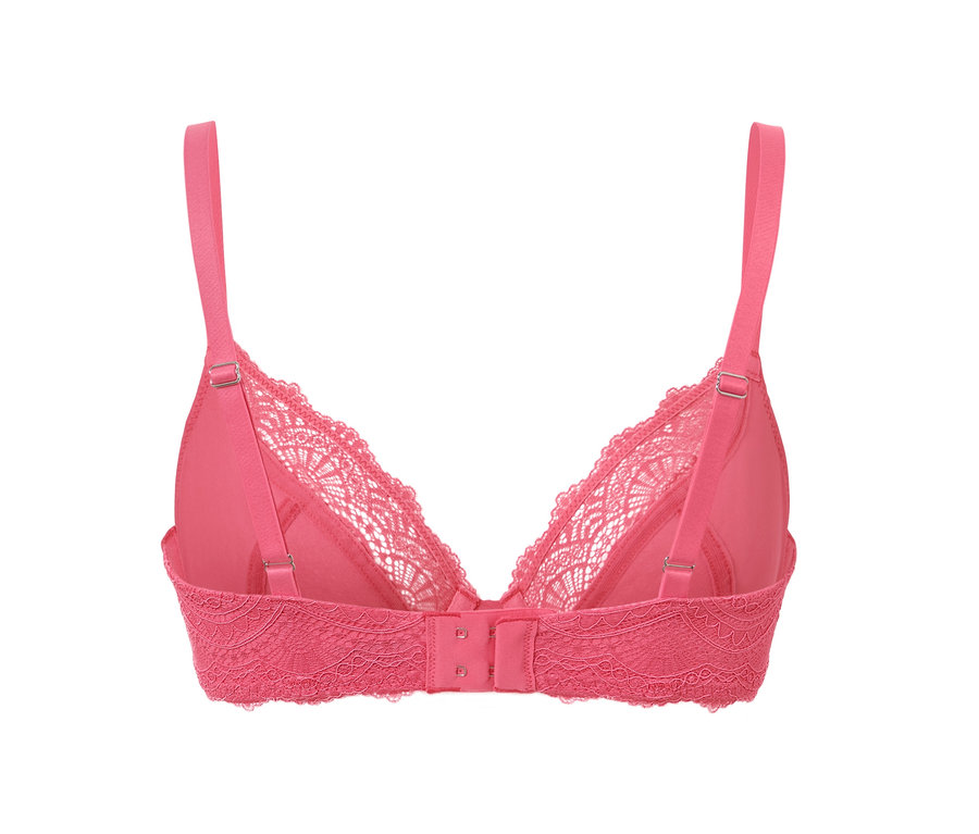 Detailaufnahme von hinten vom pinkfarbenen Bügel-BH mit Spitze.