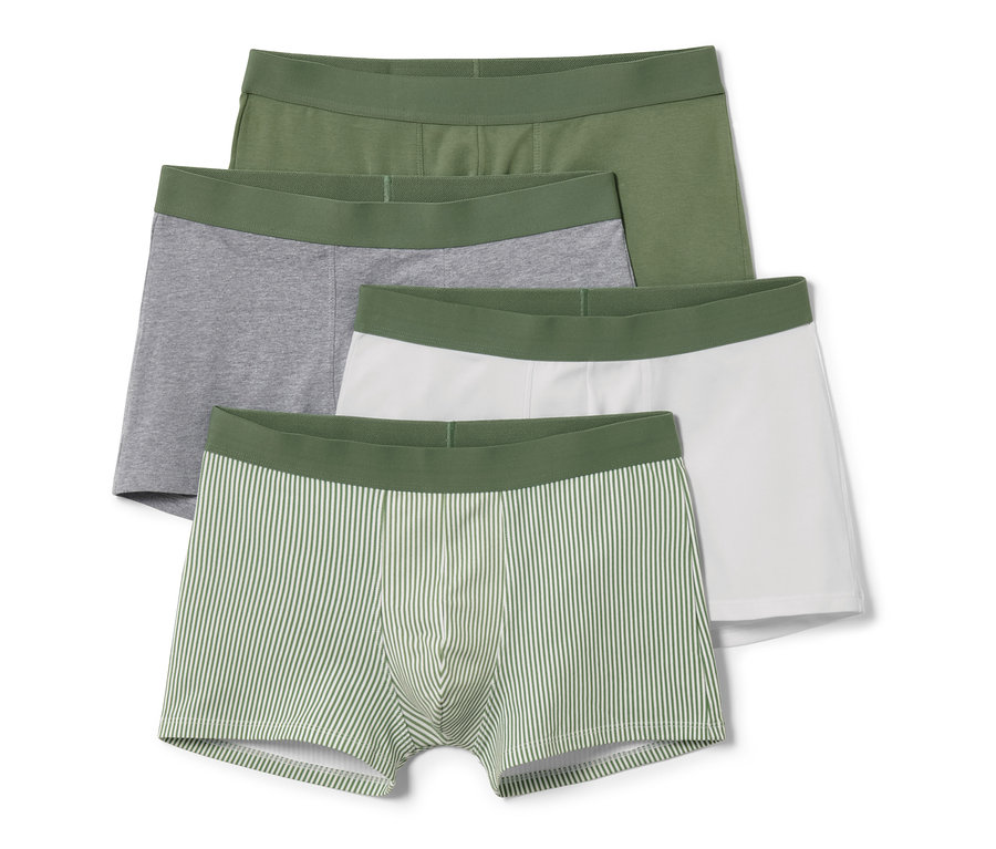 Vier Slipboxer in Olive, Grau, Weiß und gestreift.