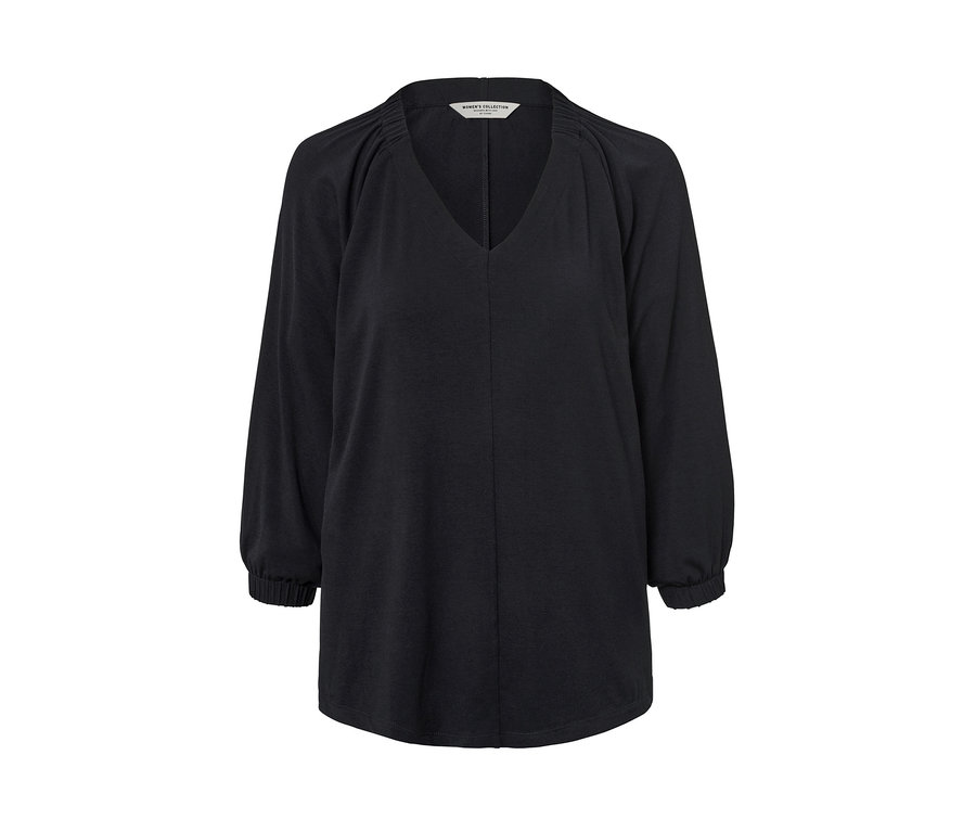 Schwarzes Blusenshirt mit Raffung und langen Ärmeln.