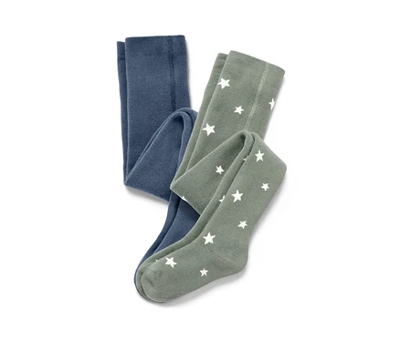 Zwei Kinder-Thermostrumpfhosen, blau und grün, liegen auf einem weißen Hintergrund.