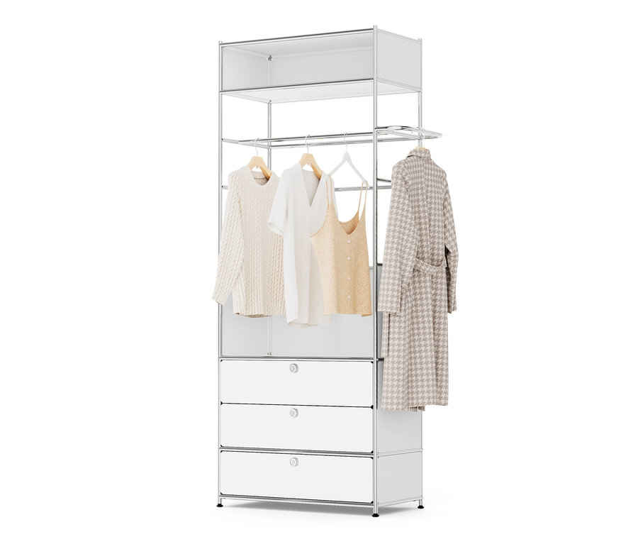 Garderobe Metall »CN3« mit Kleiderstange und 3 Schubladen mit Kleidung.