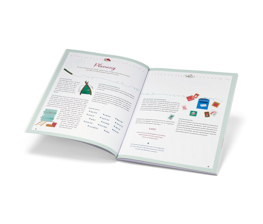 Ein geöffnetes Buch zeigt Seiten mit Illustrationen und Text zum Thema Planung. Zu sehen ist das Buch »Hurra, ein Wichtel zieht ein!«.