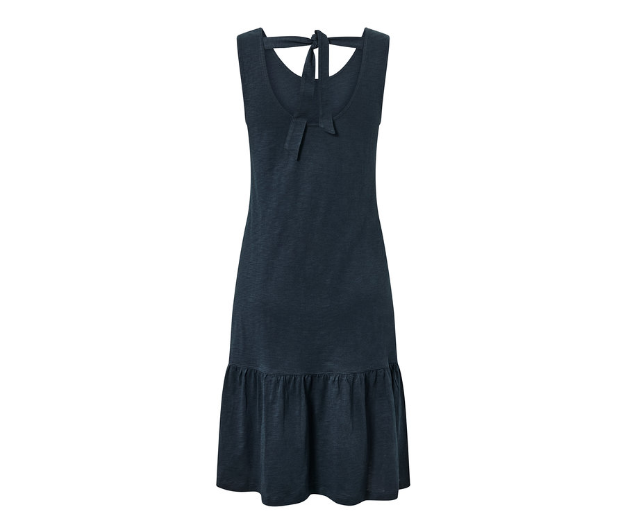 Dunkelblaues Jerseykleid mit Volant.