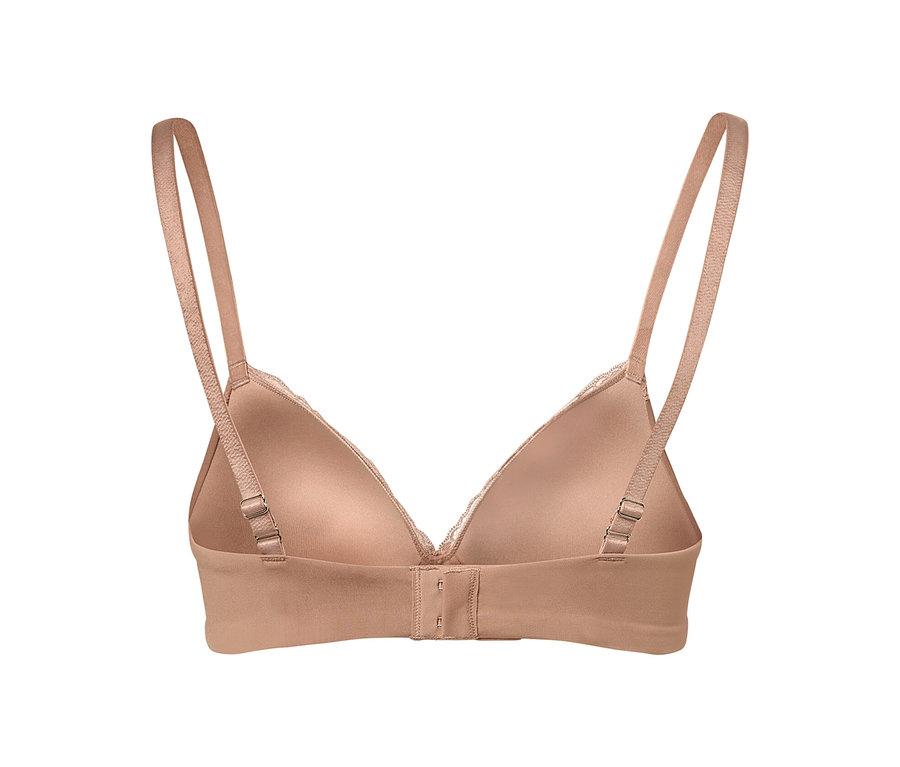 Detailansicht von Rückseite eines beigen Softschalen-BHs mit verstellbaren Trägern und Hakenverschluss.