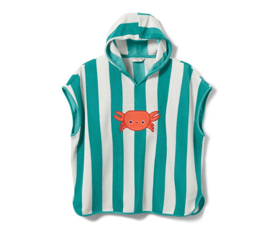 Gestreifter Baby-und-Kinder-Frottierponcho mit Kapuze und Krabben-Applikation.
