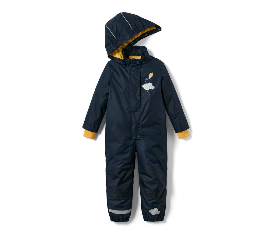 Dunkelblauer Kleinkind Regen-Einteiler mit Kapuze und gelben Details.