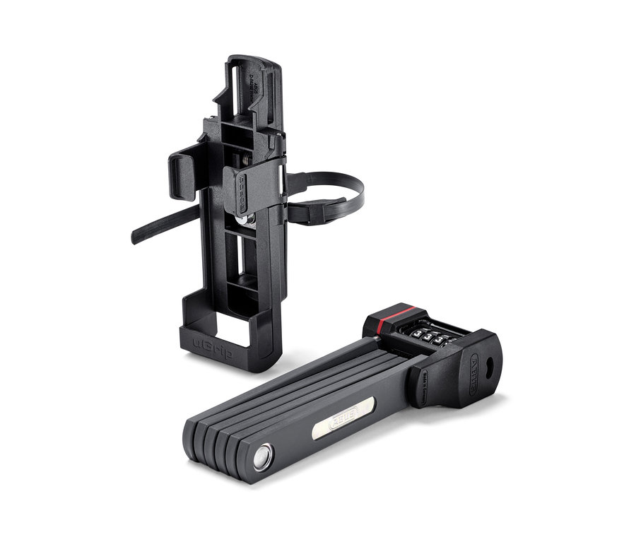 Ein ABUS-Faltschloss und eine Halterung für ein Fahrrad.