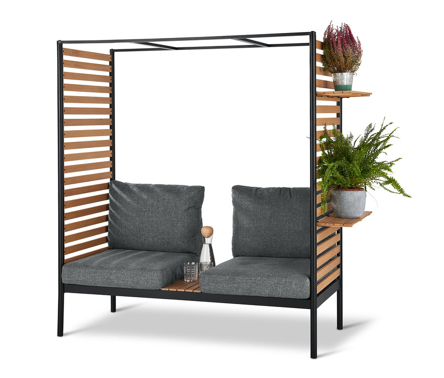 ScanCom Outdoor-Lounge mit Fußhocker, anthrazit, zwei graue Sitze mit Kissen, zwei Pflanzen in Töpfen.
