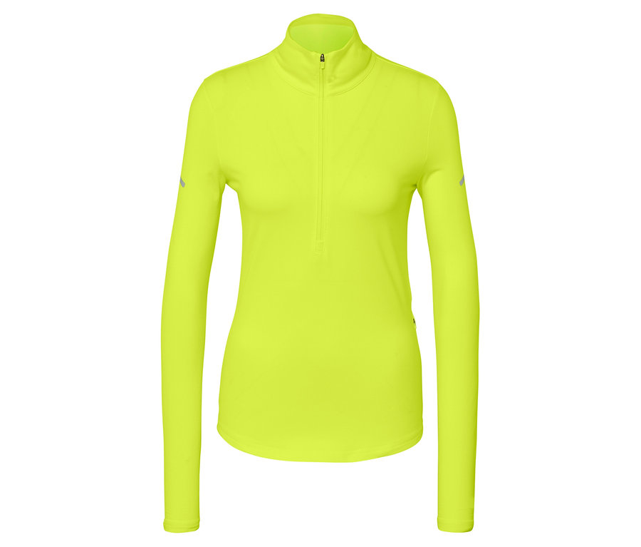 Neongrünes, langärmliges Sportoberteil mit kurzem Reißverschluss.