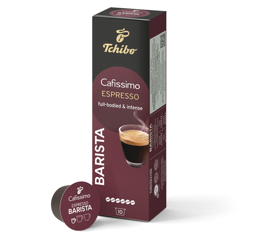 Eine Packung Cafissimo BARISTA Espresso - 10 Kapseln und eine einzelne Kapsel daneben.