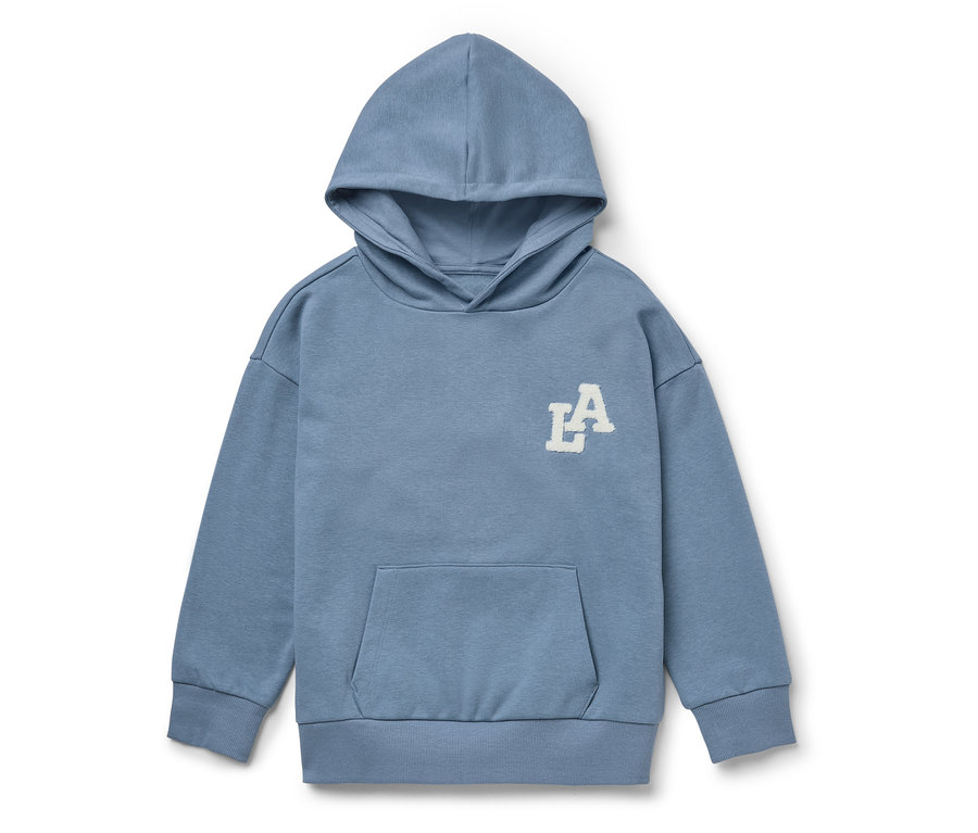 Blauer Hoodie mit weißem LA-Logo auf der Brust.