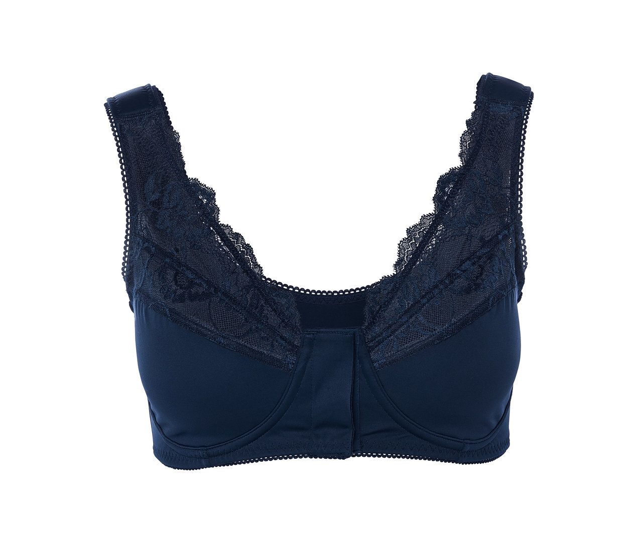 Detailansicht eines marineblauen Entlastungs-BHs mit Spitze.