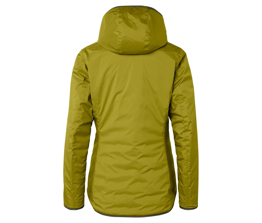 Rückansicht einer olivgrünen Jacke mit Kapuze.