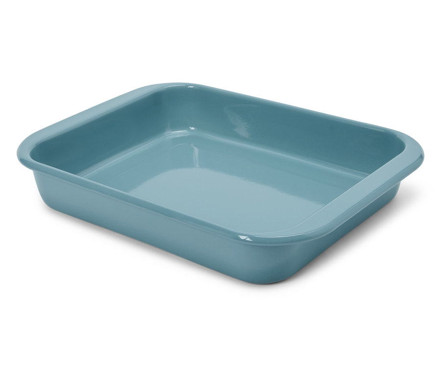 Ein hellblaues, rechteckiges Backblech.