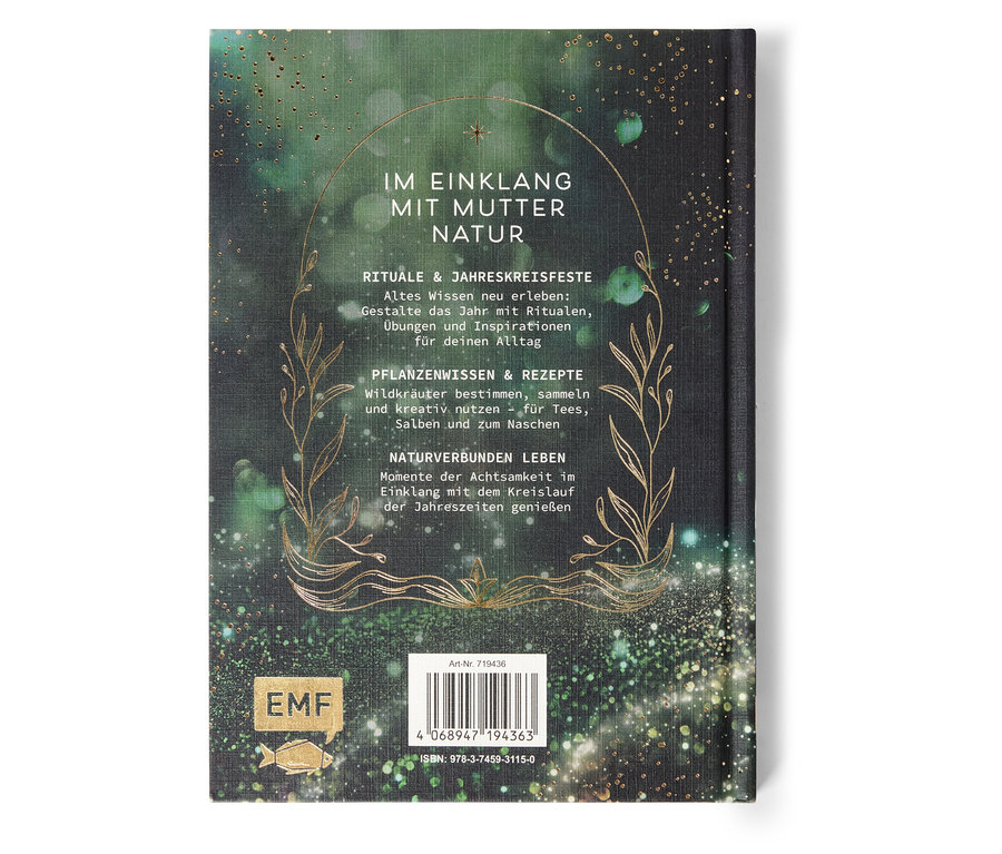 Rückseite eines Buches mit dem deutschen Text "IM EINKLANG MIT MUTTER NATUR".