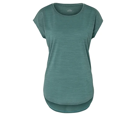 Türkises Sportshirt mit kurzen Ärmeln und abgerundetem Saum.