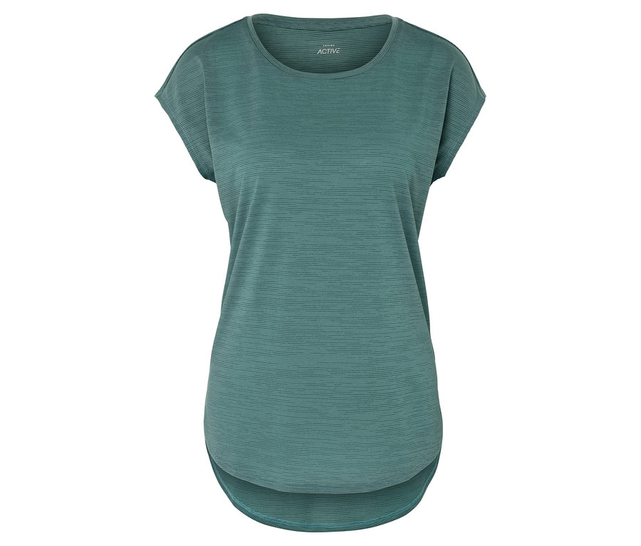 Türkises Sportshirt mit kurzen Ärmeln und abgerundetem Saum.