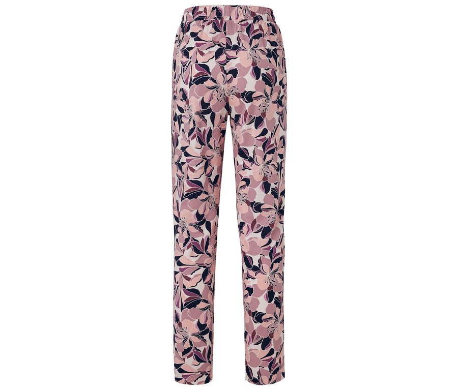Rückansicht einer Hose mit einem Blumenmuster in Rosa-, Lila- und Dunkelblautönen.