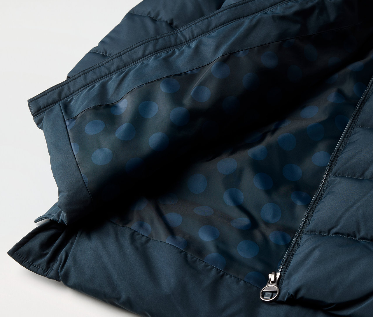 Detailansicht eines Kinder-Thermomantels mit blauem Punktmusterfutter und Reißverschluss.