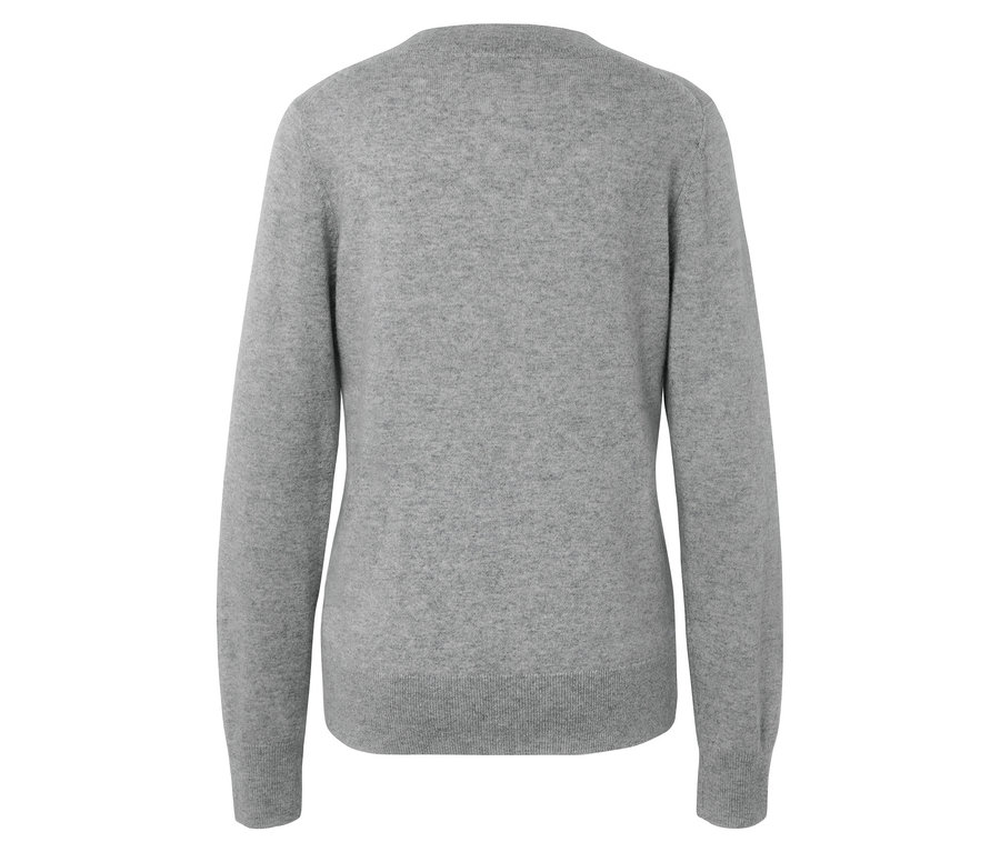 Rückansicht eines hellgrauen Kaschmirpullovers mit langen Ärmeln.