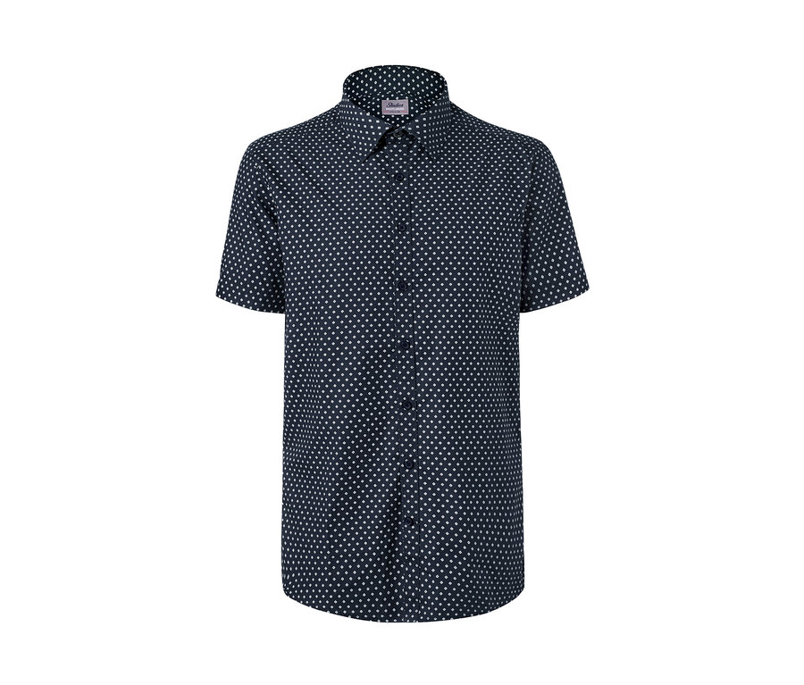 Marineblaues Kurzarmhemd mit weißem geometrischem Muster.