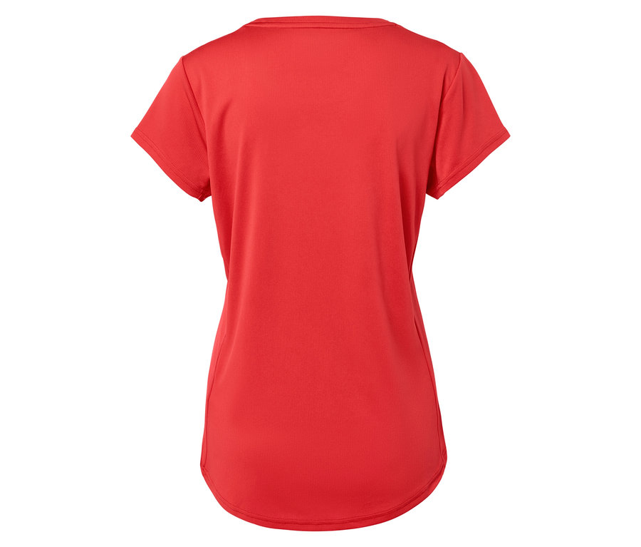 Detailansicht der Rückseite eines roten Kurzarm-T-Shirts.