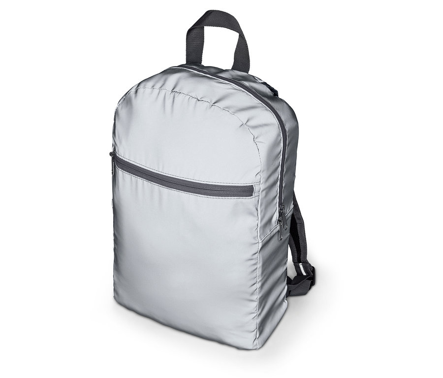 Silberner Rucksack mit Reißverschlüssen und Griff.