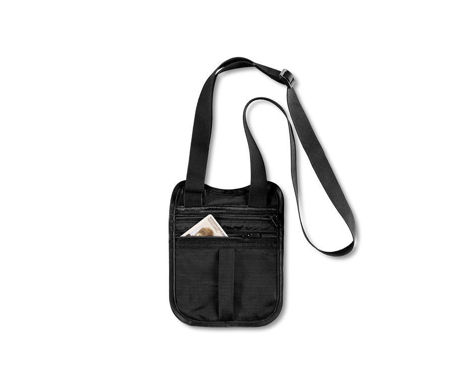 Schwarze Sicherheitstasche mit Schultergurt und Dokument.