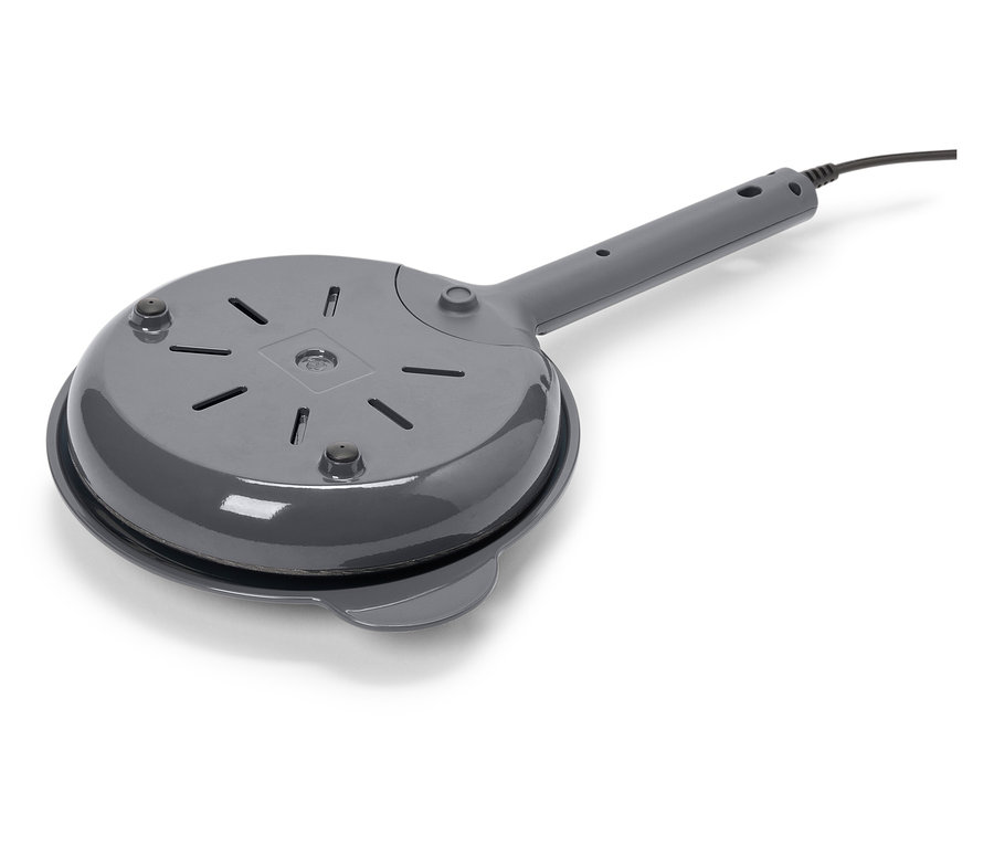 Grauer elektrischer Crêpe-Maker mit Antihaftbeschichtung und Kabel.
