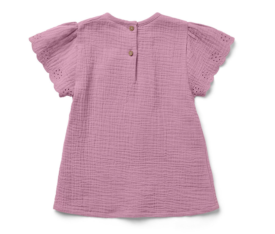 Rosa Kinder-Musselin-Shirt mit kurzen Ärmeln und Knöpfen auf der Rückseite.