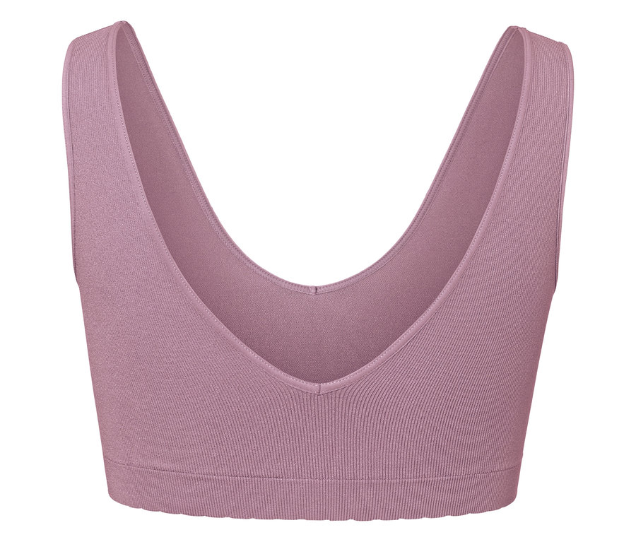 Detailaufnahme eines lilafarbenen Sport-BHs mit V-Ausschnitt.