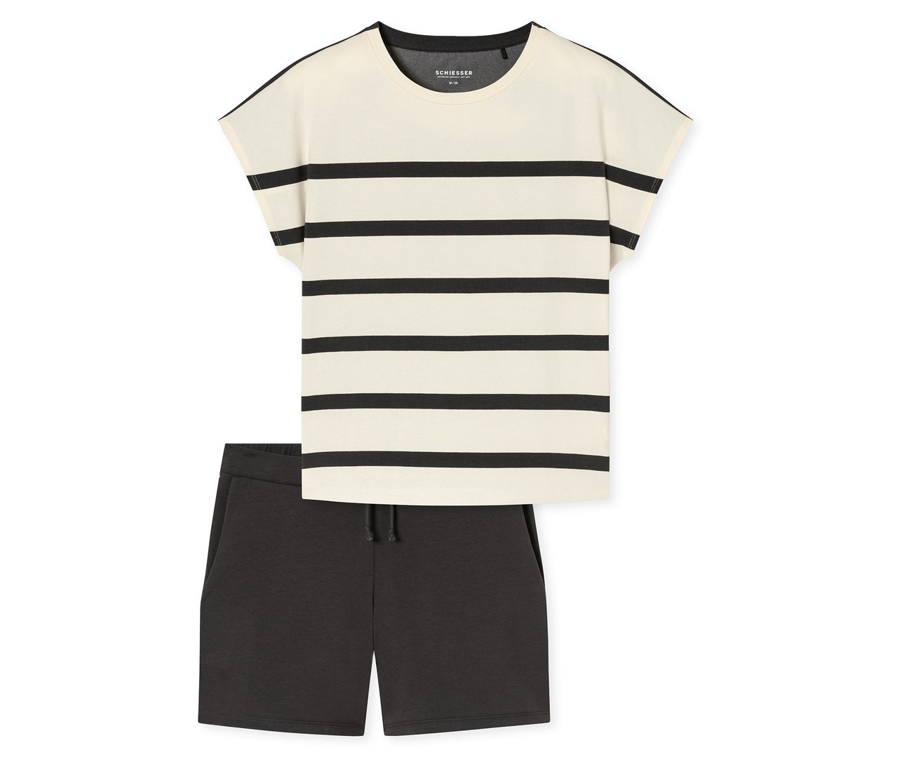 SCHIESSER Shorty-Set, bestehend aus einem cremefarbenen T-Shirt mit schwarzen Querstreifen und einer dunkelgrauen Shorts mit Kordelzug, flach liegend.