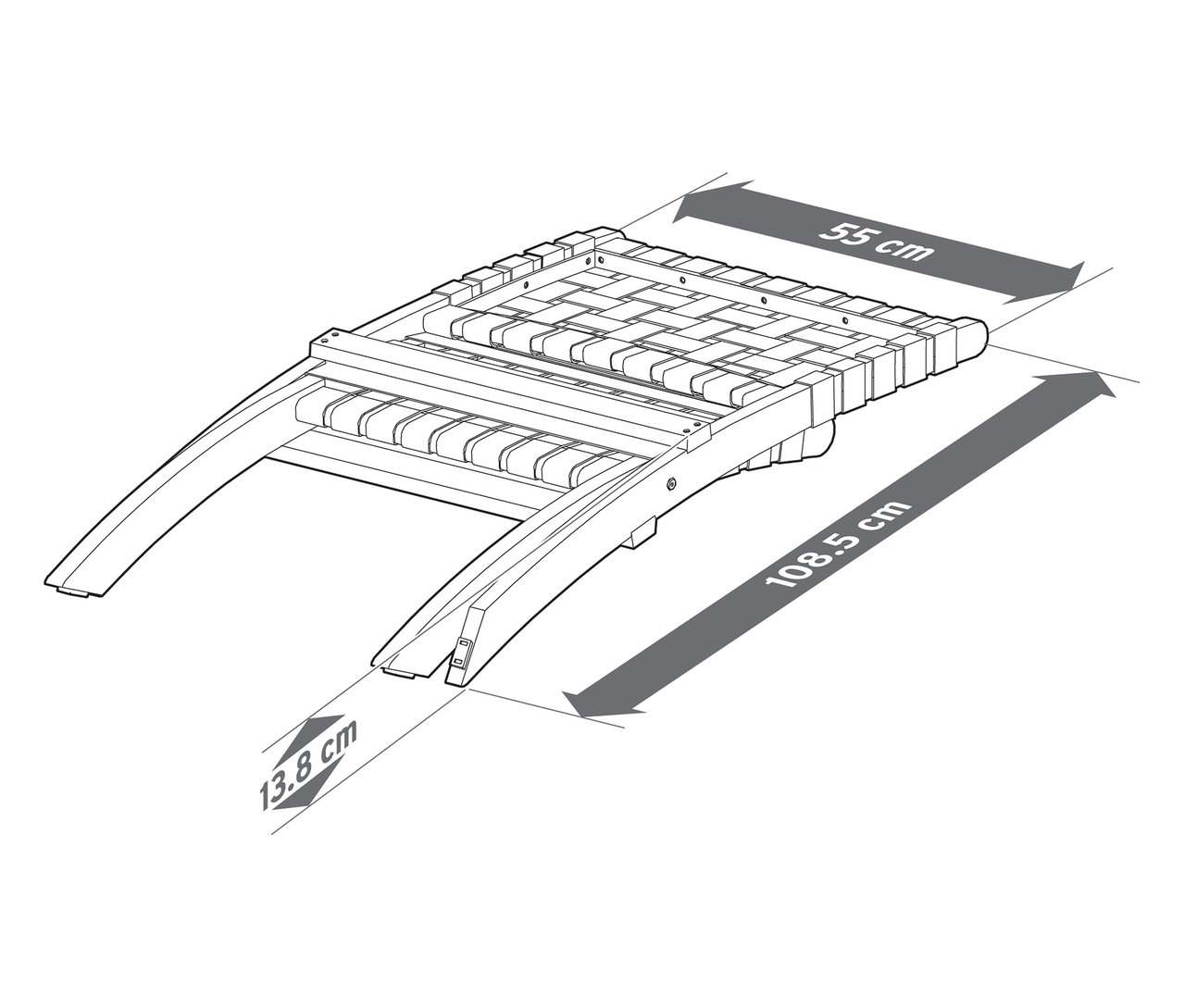 Draufsicht einer Skizze eines Liegestuhls mit den Maßen 55 cm, 108,5 cm und 13,8 cm.