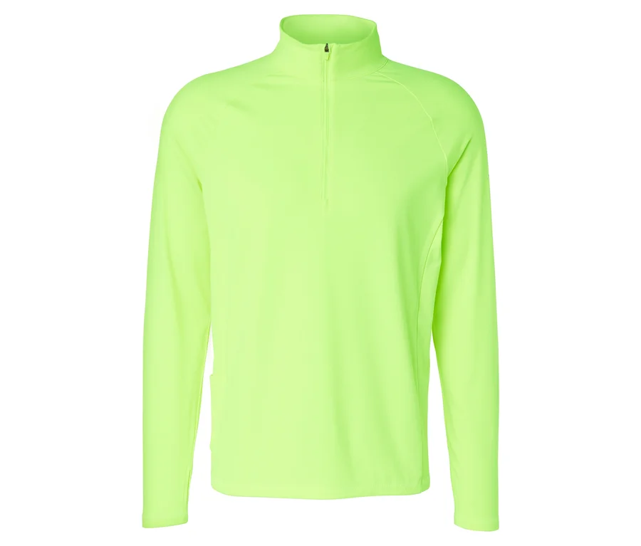 Neonlimafarbenes Thermo-Sportshirt mit halbem Reißverschluss und Stehkragen.