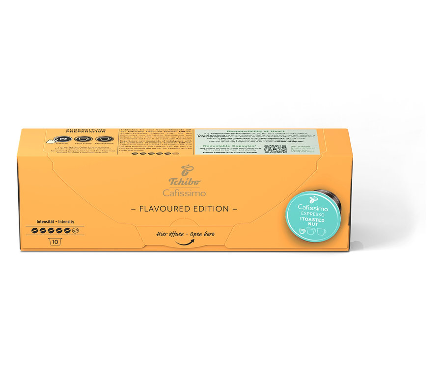Eine Packung Cafissimo Flavoured Espresso - Toasted Nut - 10 Kapseln ist zu sehen.