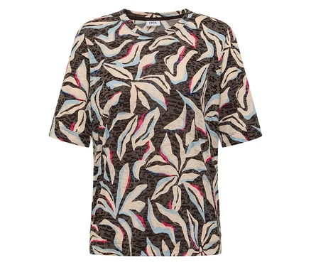 CECIL Kurzarmshirt in Dunkelgrau mit abstraktem Blättermuster in Blau, Beige und Pink.