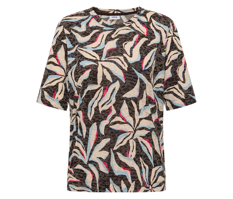 Blaues CECIL Kurzarmshirt mit abstraktem Muster.