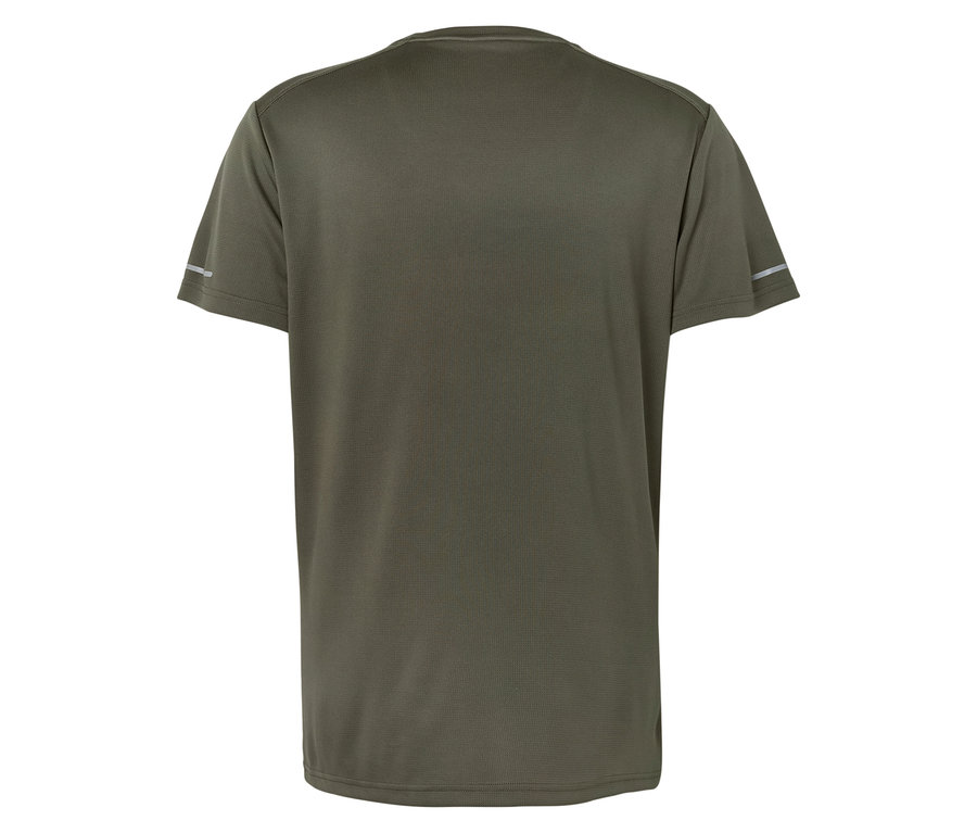 Nahaufnahme der Rückseite eines olivgrünen T-Shirts mit kurzen Ärmeln und reflektierenden Streifen.