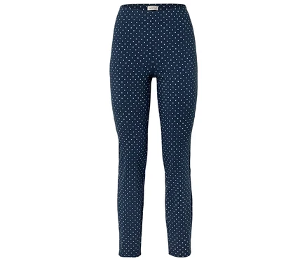 Blaue Leggings mit weißen Punkten.